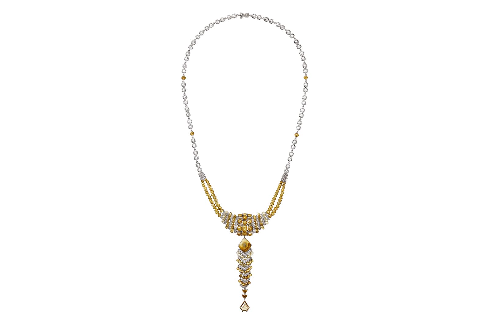 Cartier Yuma necklace with briolette cut yellow and accenting colourless diamonds in white gold