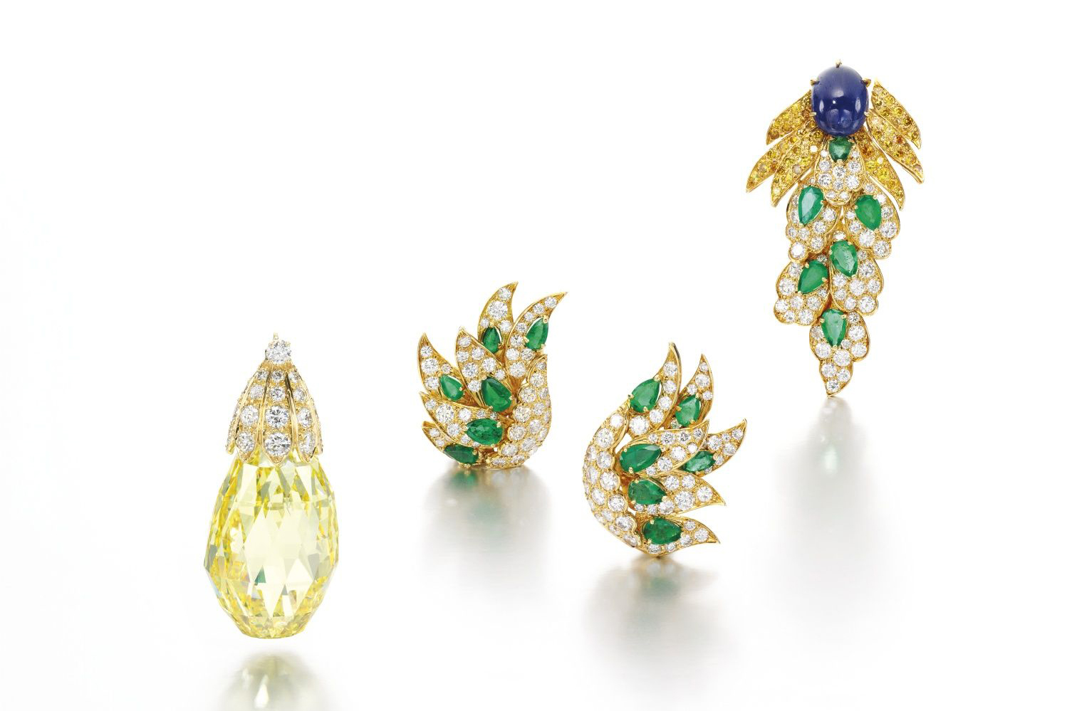  Van Cleef & Arpels Walska transformable brooch with 96.62ct fancy vivid yellow diamond briolette, emeralds, sapphires and diamonds in yellow gold, from 1971