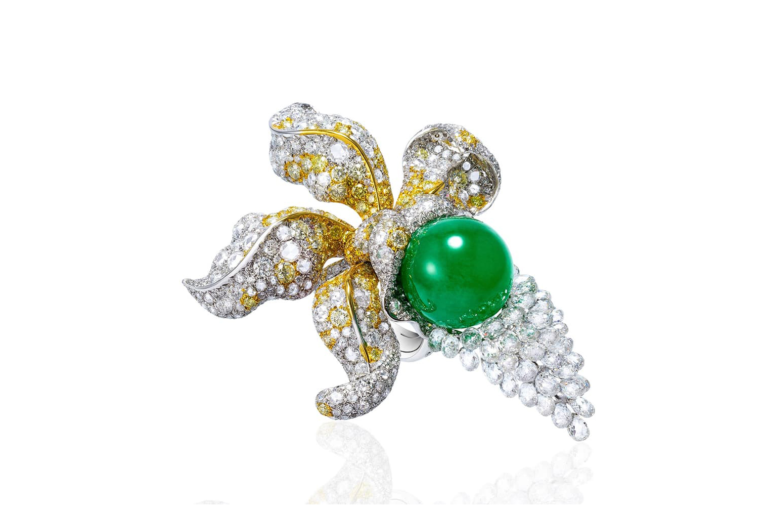 Anna Hu Enchanted Orchid ring with 52.04 carats jadeite, briolette, rose and brilliant-cut diamonds in white gold