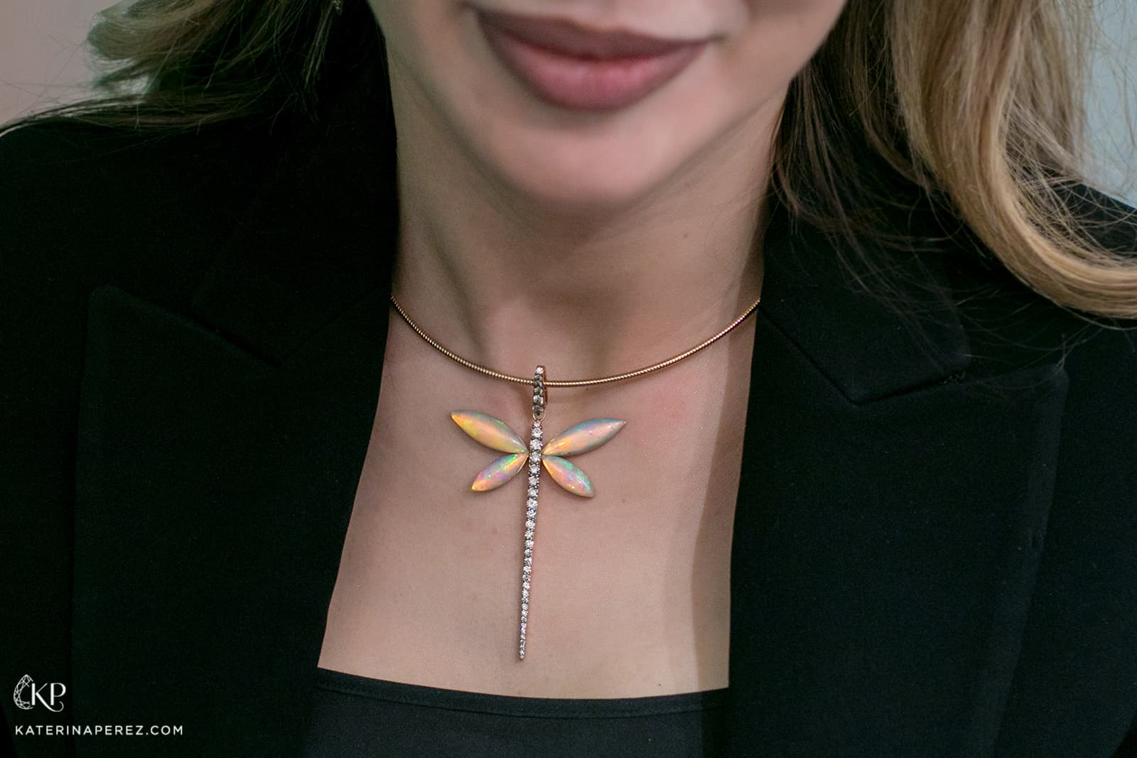  Anapsara Grand Dragonfly necklace with opal and brown diamonds in yellow gold