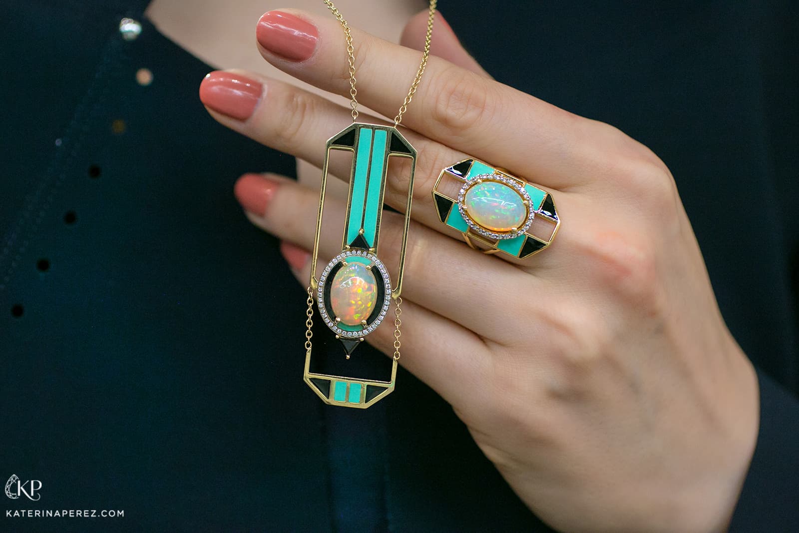 Anapsara Art Deco necklace and ring with diamonds, opals and enamel in yellow gold