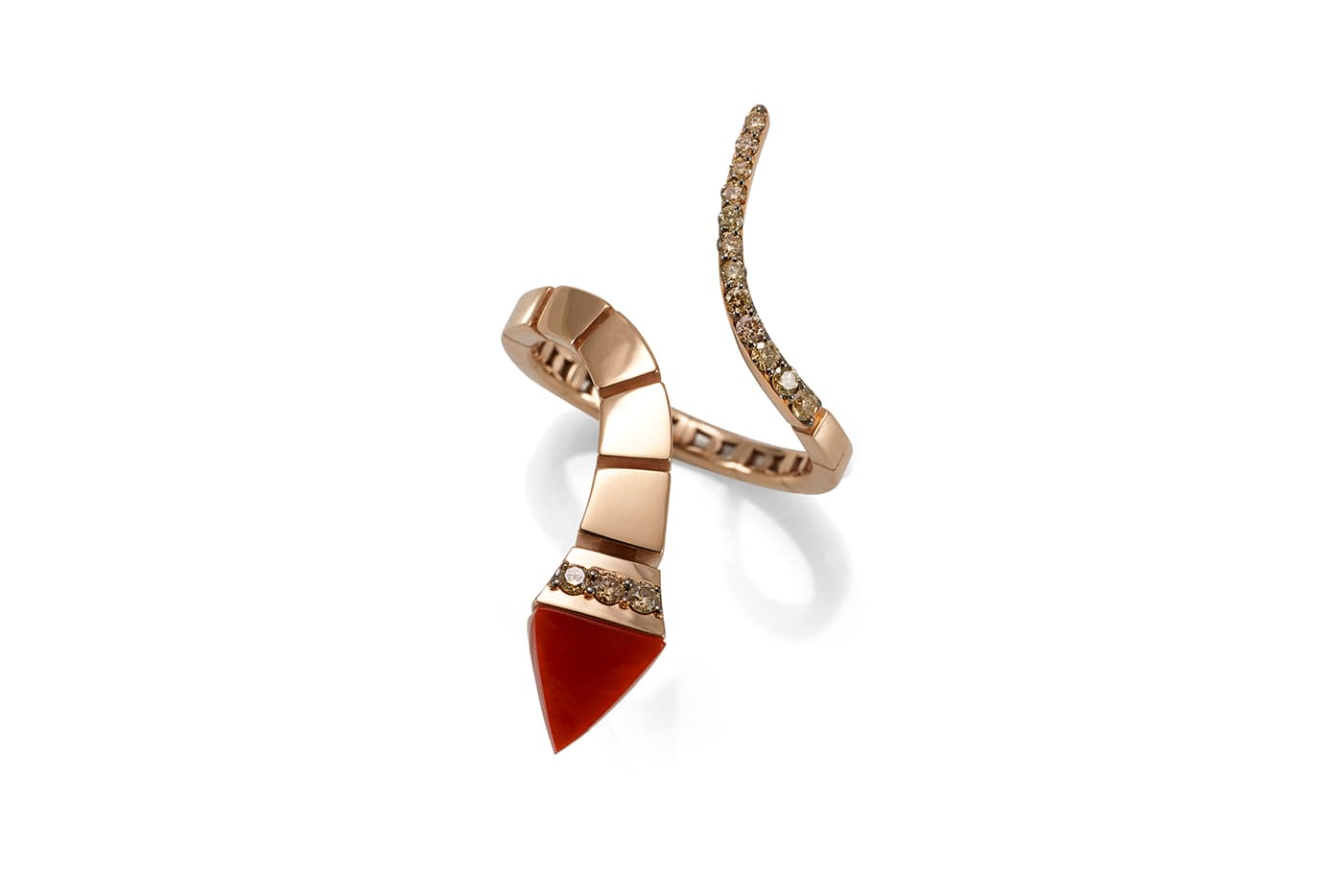  Anapsara Temptation ring with coral and brown diamonds in rose gold