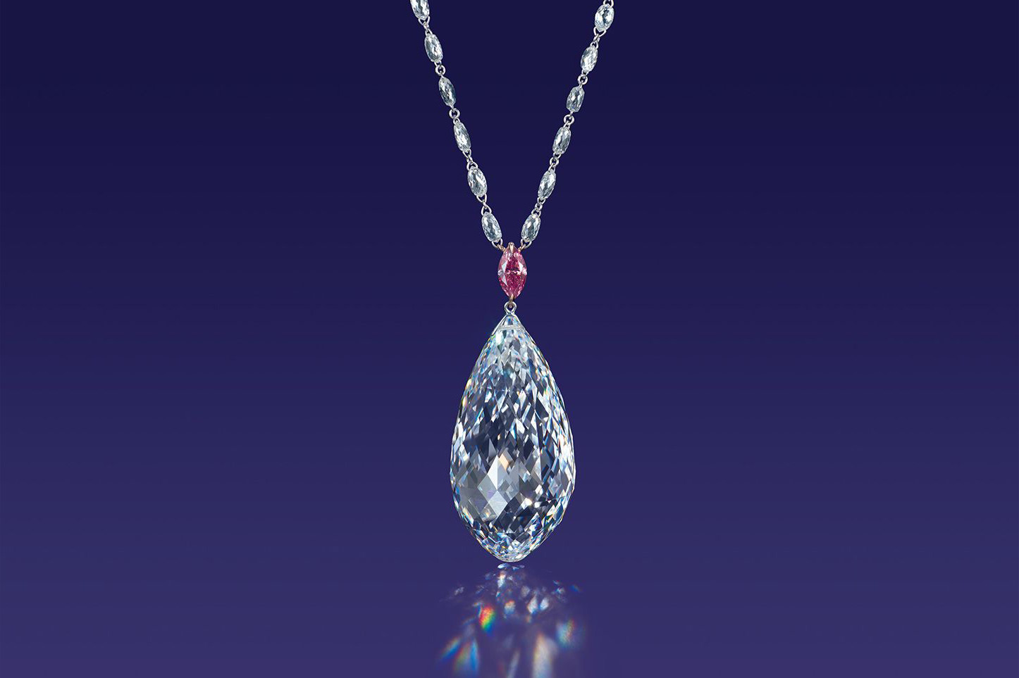 William Goldberg necklace with D colour type IIA 75.36ct briolette diamond, fancy pink diamond and accenting colourless diamonds in white gold