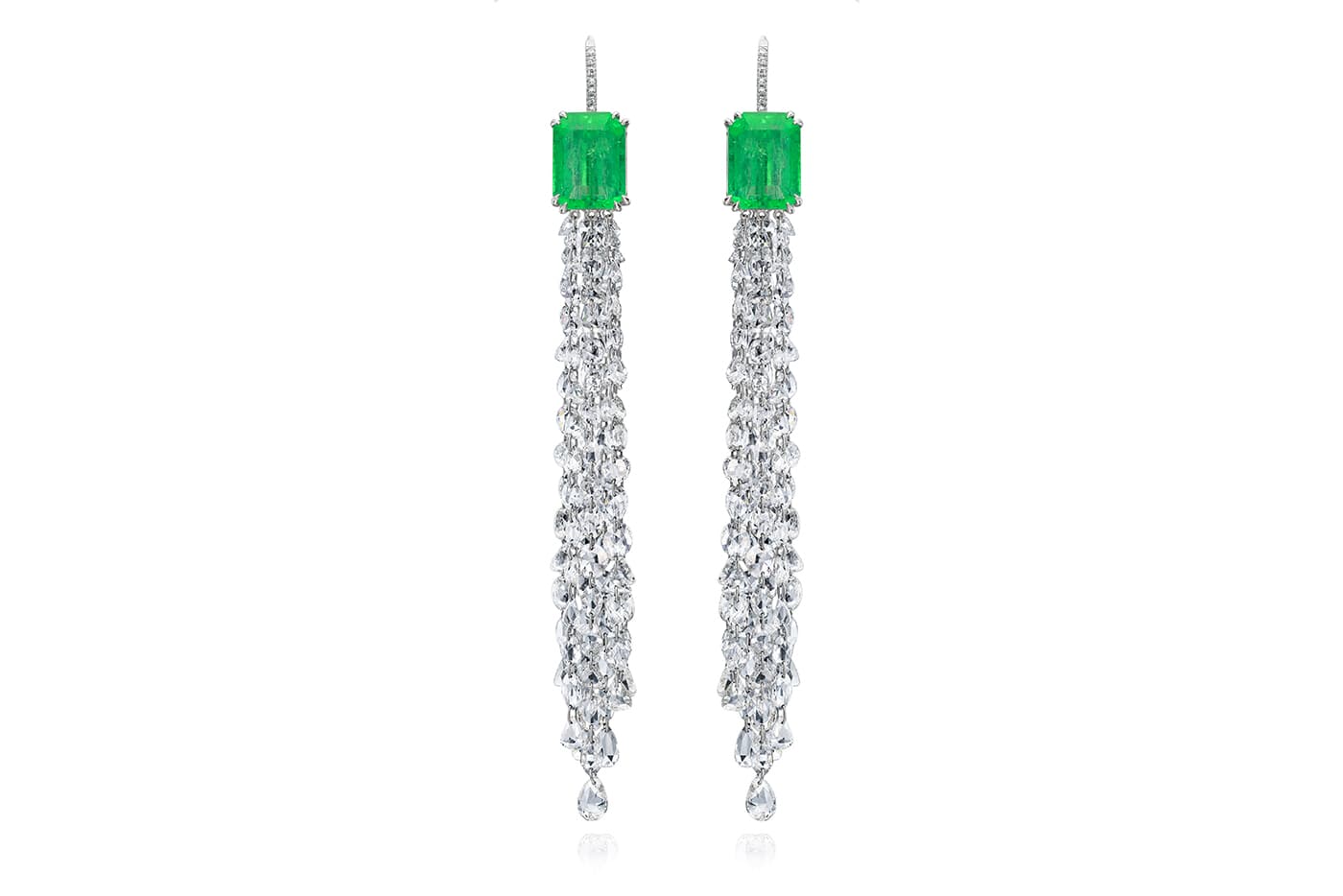  Nina Runsdorf earrings with briolette cut diamonds, accenting diamonds and emeralds in white gold