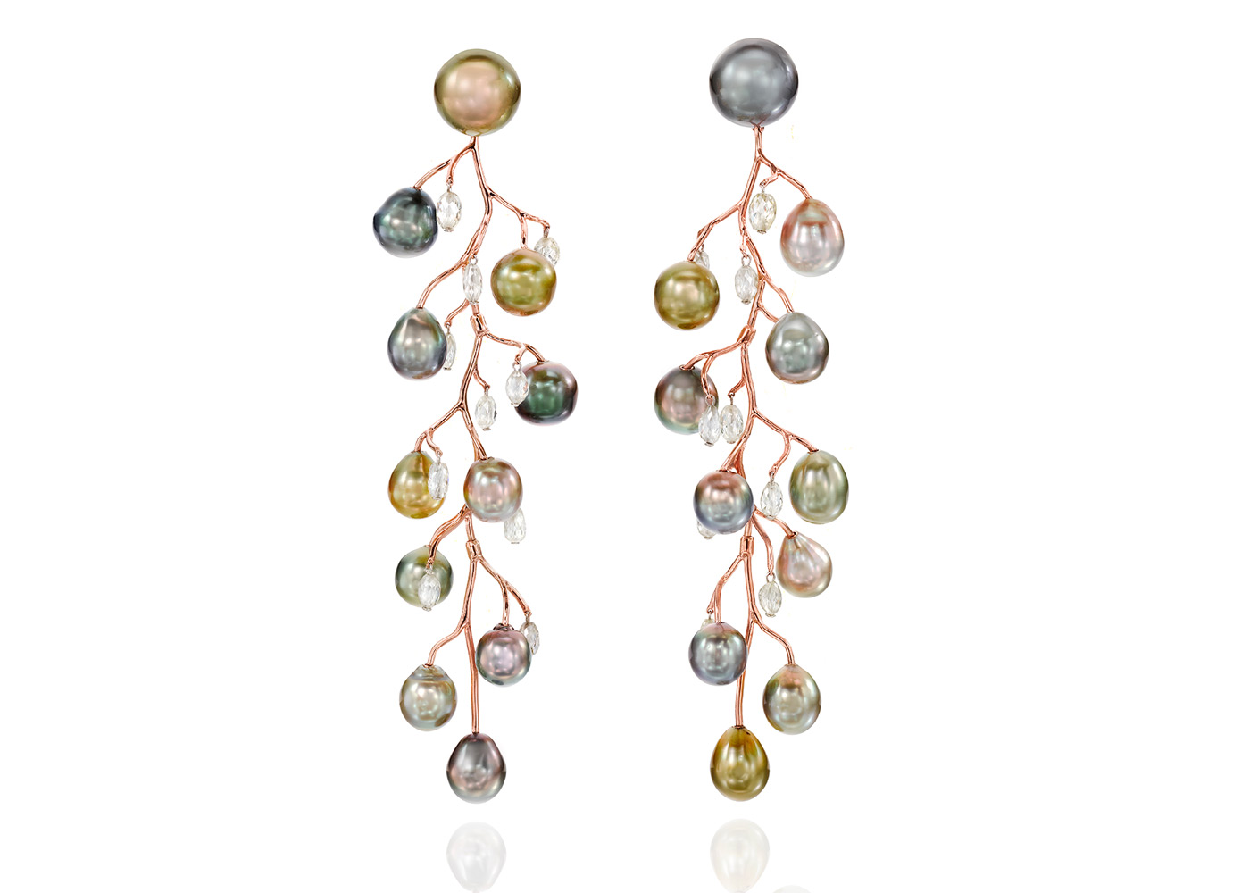 Assael Fall Branch earrings with briolette diamonds and Fijian natural coloured pearls in rose gold