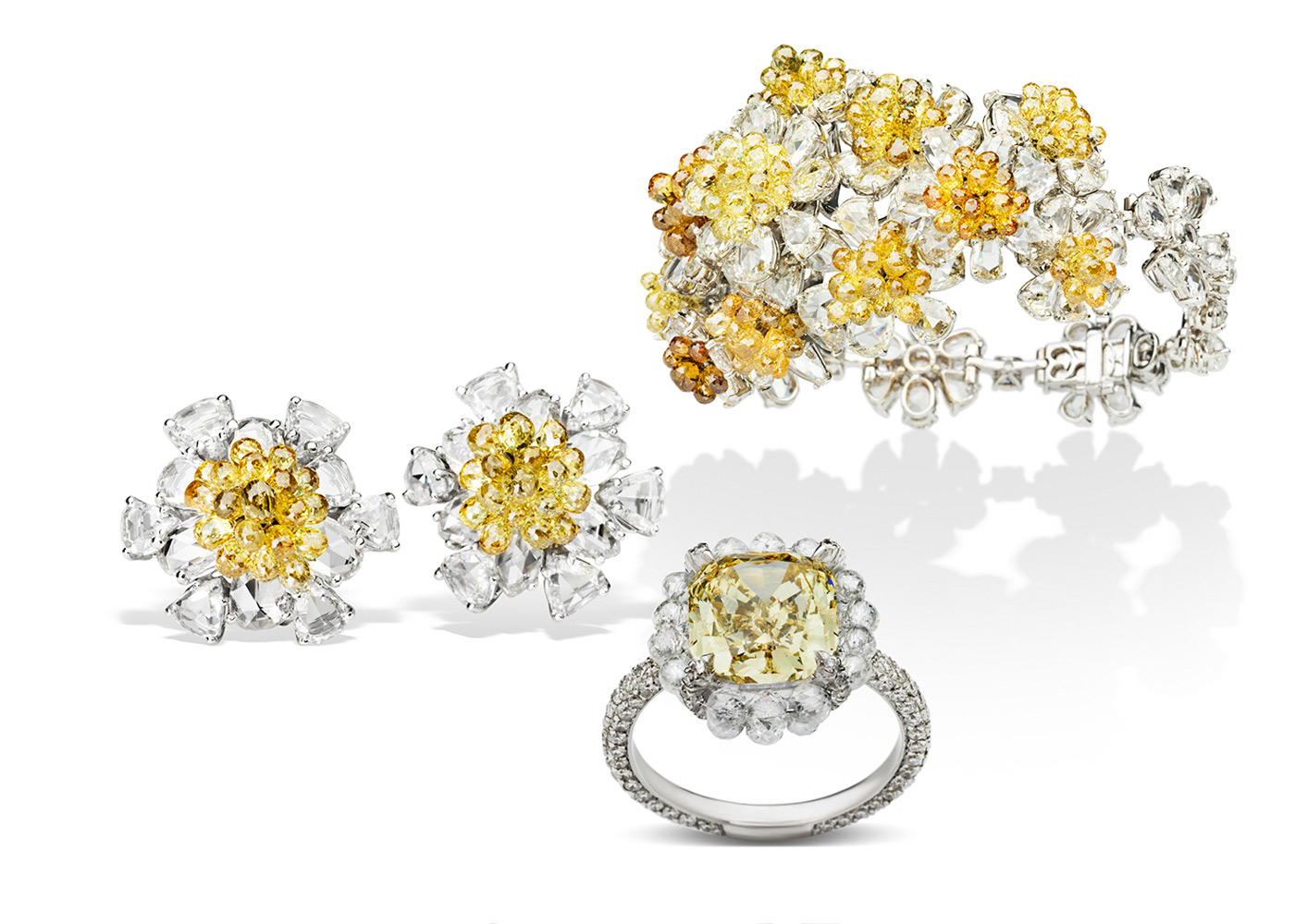 Busatti Milano jewellery suite with yellow and brown briolette diamonds and accenting colourless diamonds in white gold