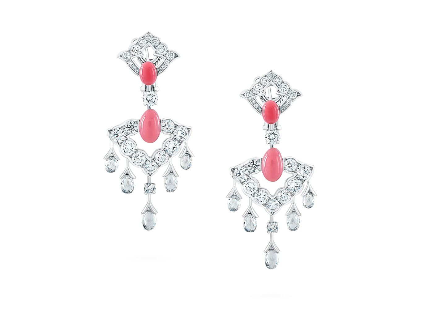  David Morris earrings with briolette diamonds, conch pearls and accenting diamonds in white gold
