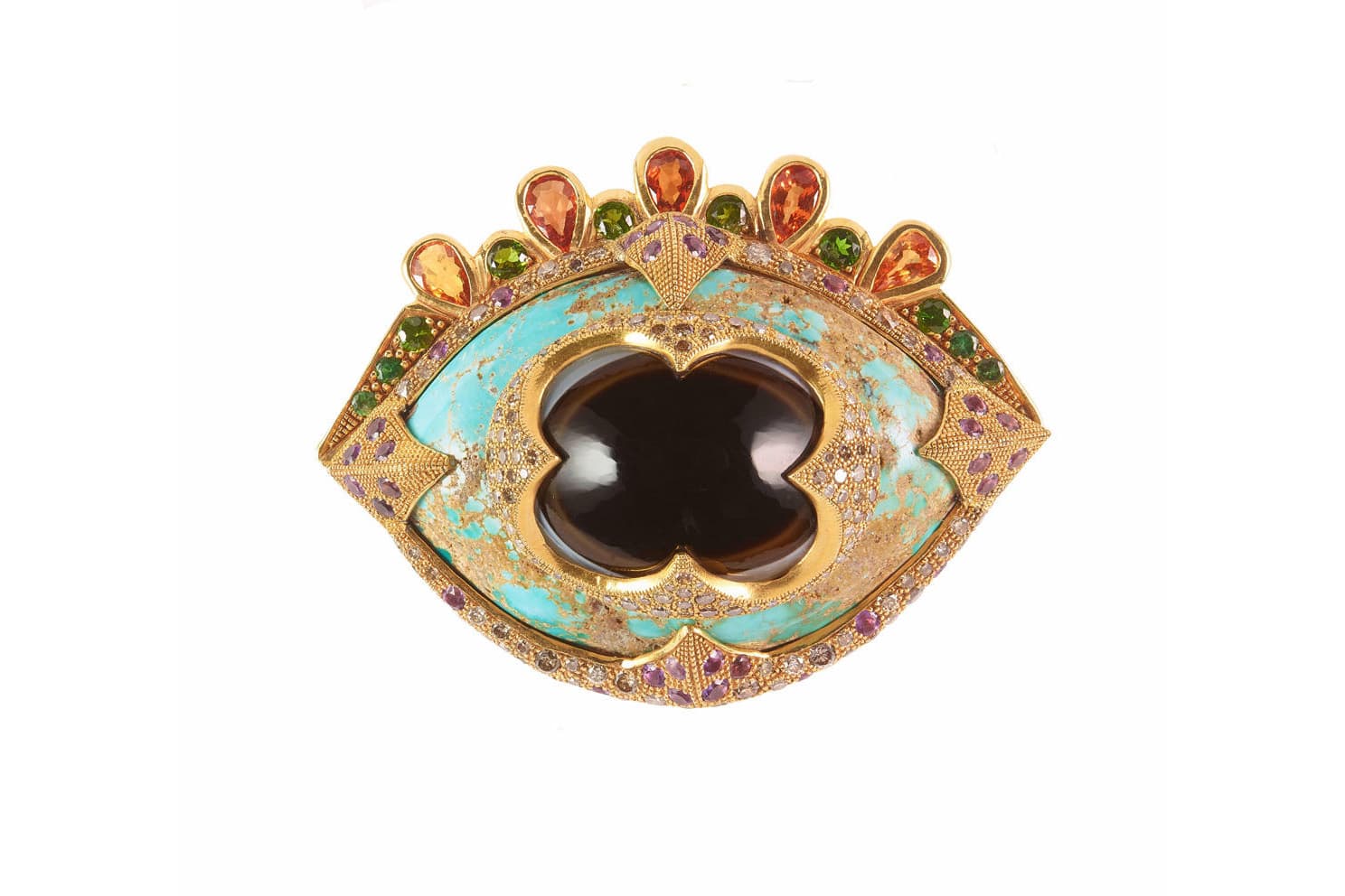  Sylvie Corbelin ring with turquoise, diamonds and multi-gemstones in yellow gold