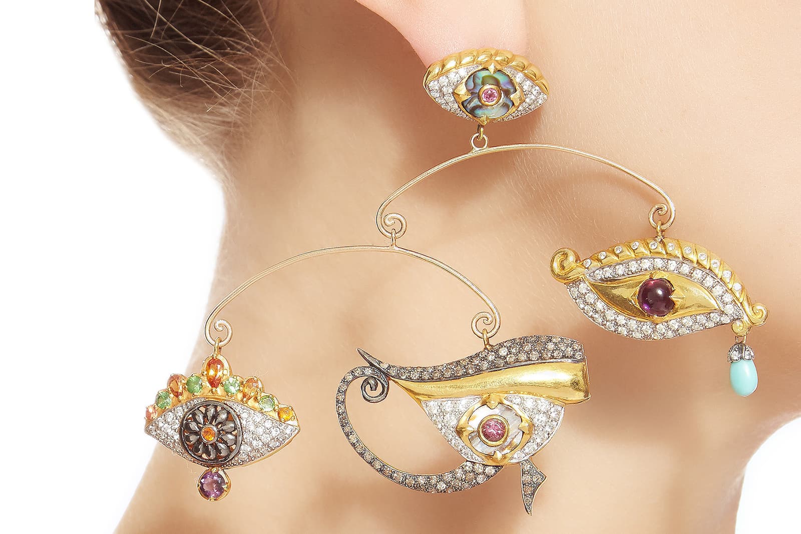 Sylvie Corbelin Evil Eye mobile earrings with turquoise, mother of pearl, diamonds and multi-gemstones in blackened and yellow gold