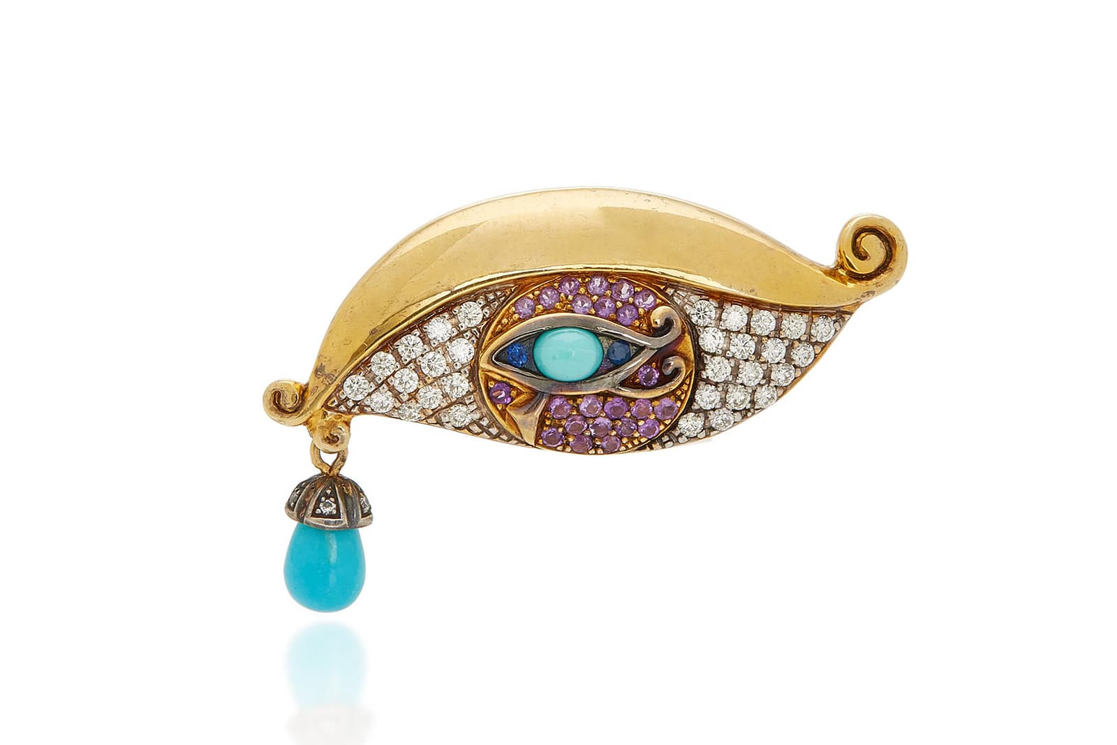  Sylvie Corbelin Fascination ring with turquoise, diamonds and sapphires in yellow gold