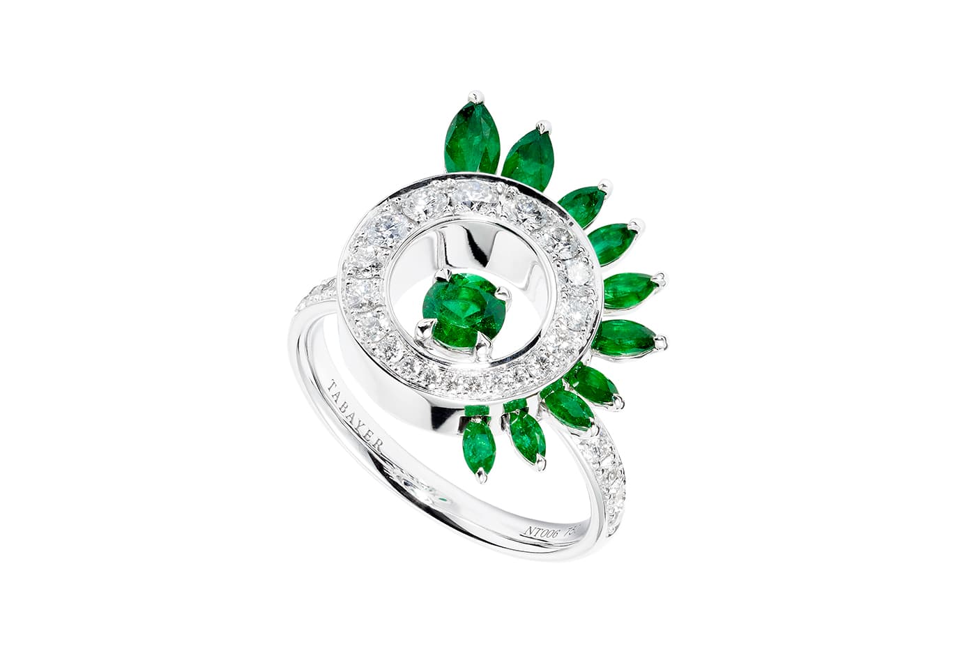 Tabayer ring with emeralds and diamonds in white gold