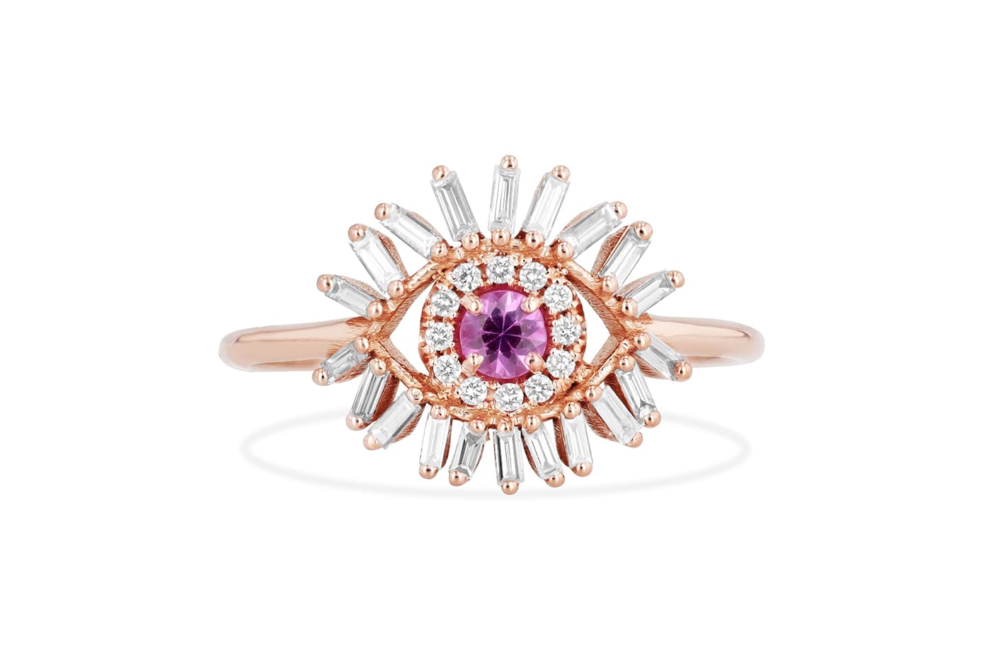 Suzanne Kalan Evil Eye Fireworks ring with pink sapphire and diamonds in rose gold