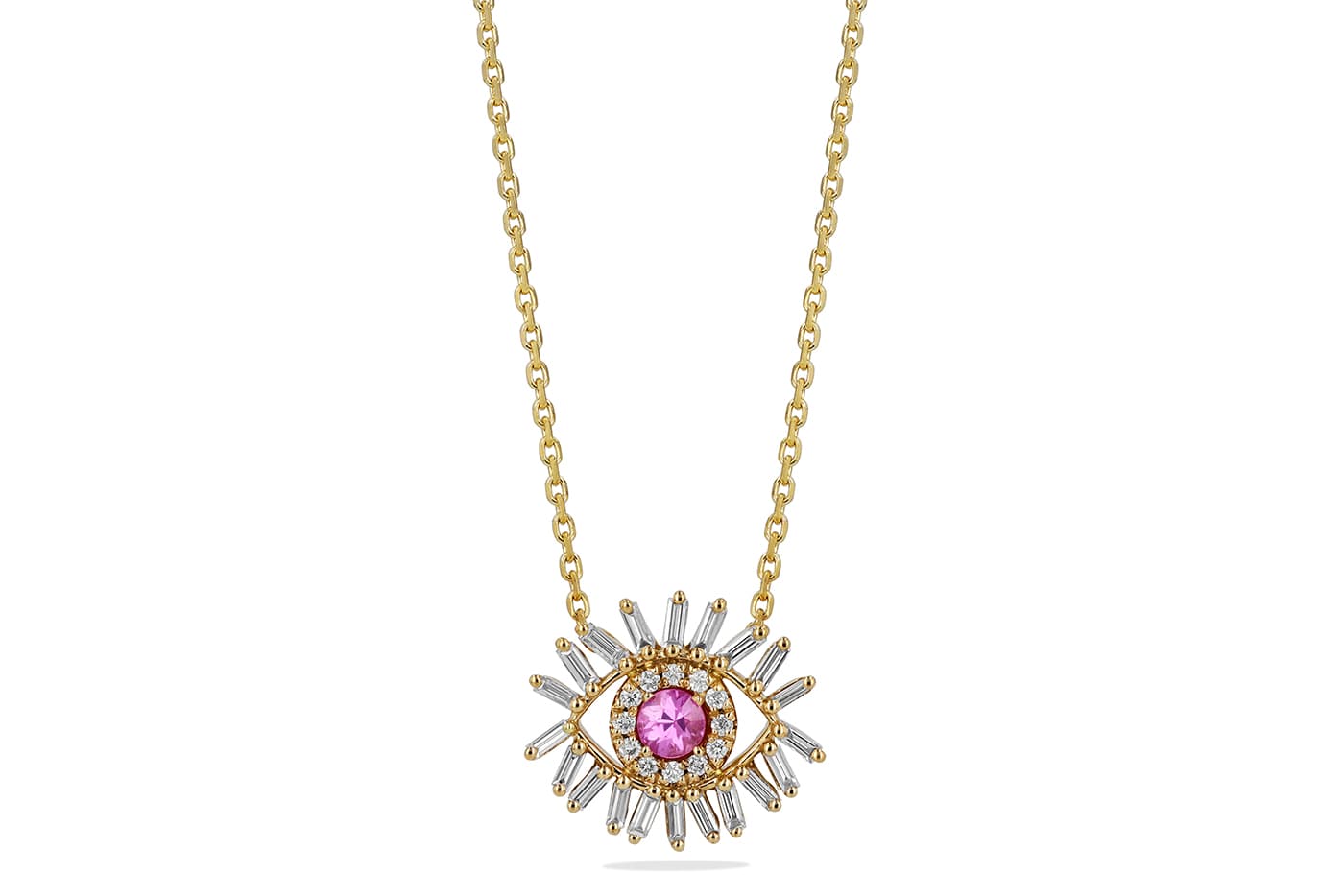  Suzanne Kalan Evil Eye Fireworks pendant with pink sapphire and diamonds in yellow gold