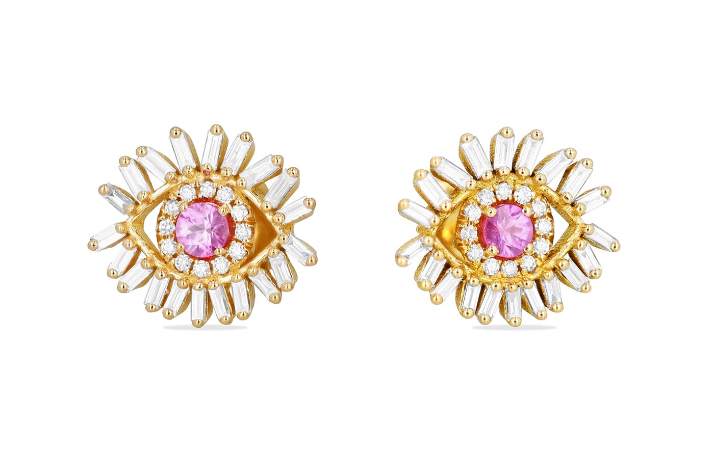  Suzanne Kalan Evil Eye Fireworks earrings with pink sapphire and diamonds in yellow gold
