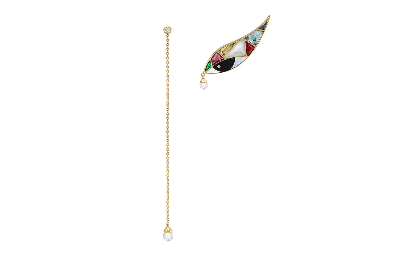  Aisha Baker asymmetrical earrings with diamond, emerald sapphire, ruby, tourmaline, topaz, onyx, and mother of pearl in yellow gold