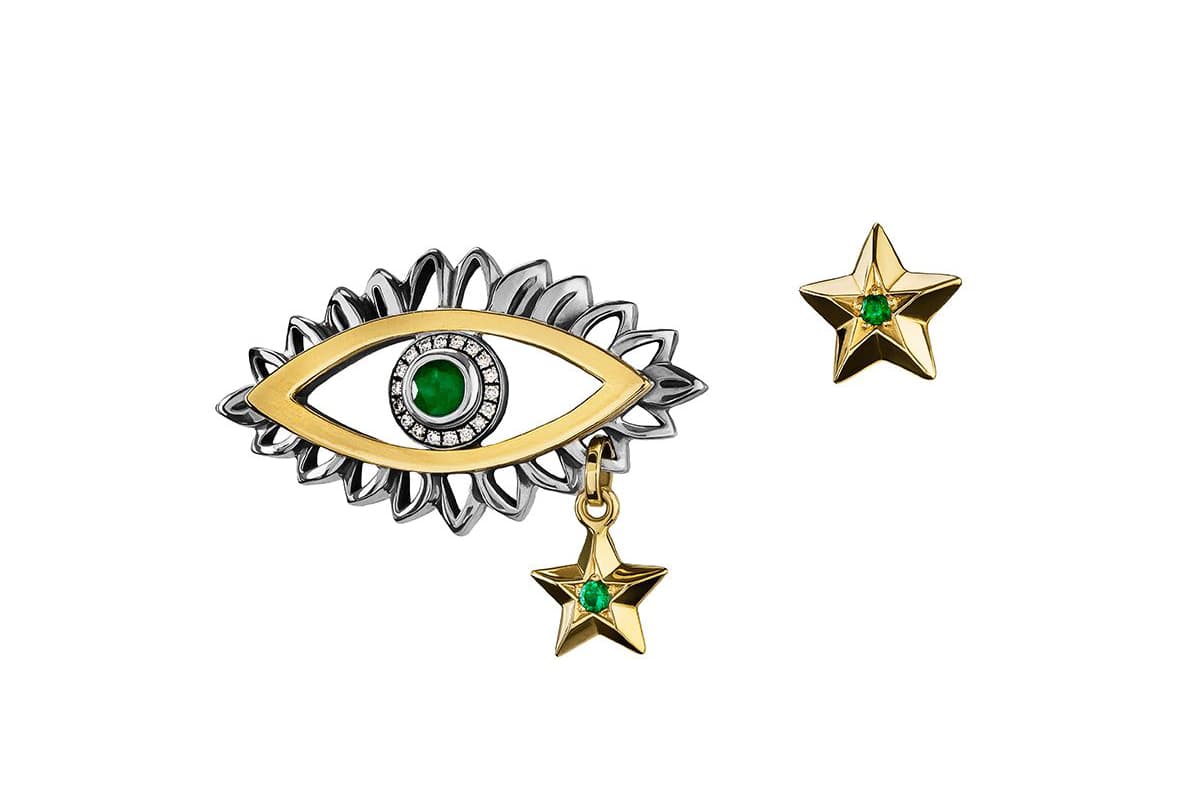   Azza Fahmy asymmetrical earrings with tsavorites and diamonds in yellow gold and sterling silver