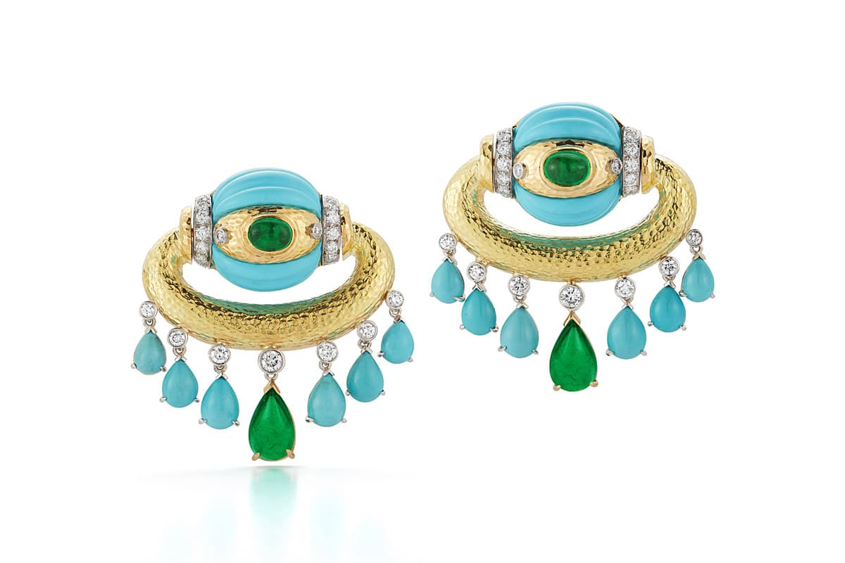  David Webb earrings with turquoise, emerald and diamonds in yellow gold