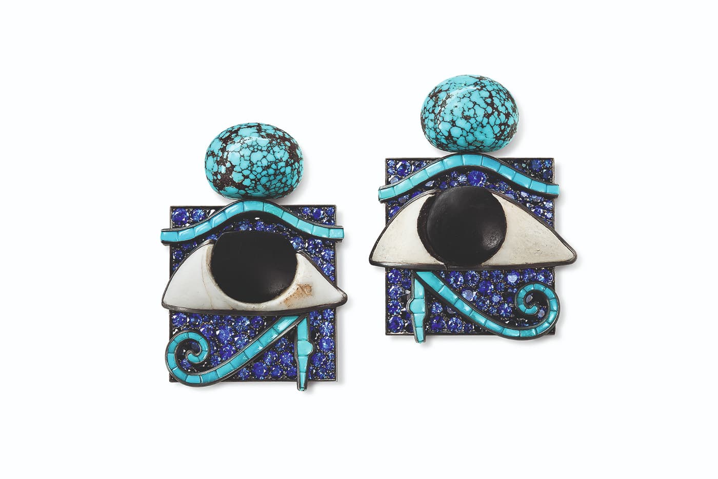 Hemmerle earrings with Egyptian eye inlays, sapphires and turquoise in silver and white gold