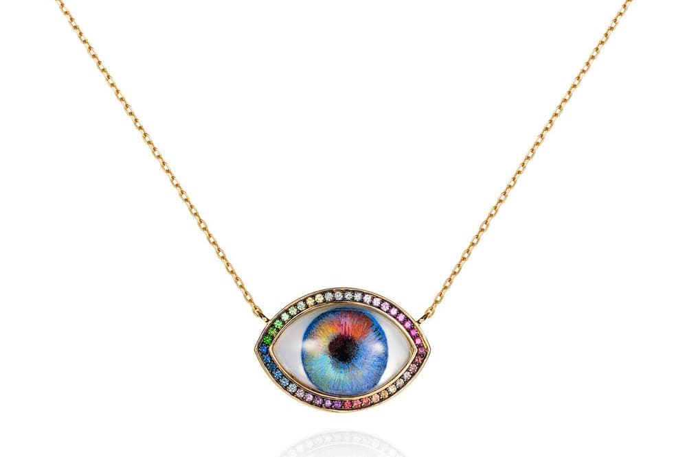  Noor Fares pendant with rock crystal, tsavorites and multicolour sapphires in yellow gold