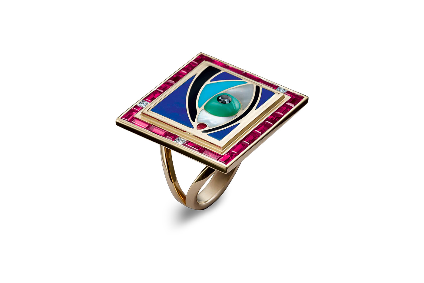  Solange Azagury Partridge Cosmic ring wth rubies, diamonds and mother of pearl in yellow gold