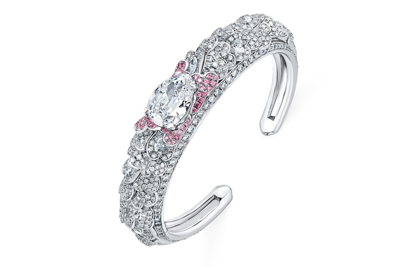 David Morris cuff bracelet with pink and colourless diamonds in white gold