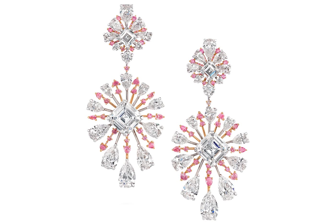 David Morris Pink Diamond Radiance earrings with pink and 41.84ct colourless diamonds in white and rose gold