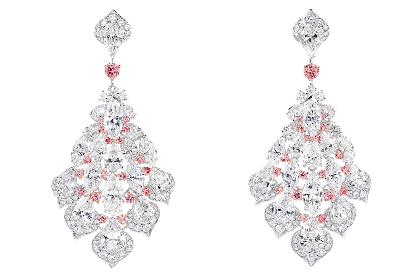  David Morris Feather earrings with pink and 34.98ct colourless diamonds in white gold
