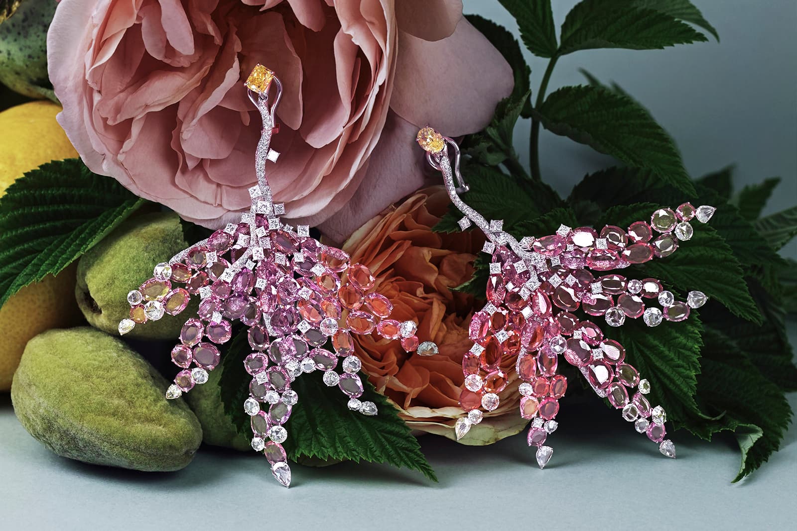 Feng J. Pink Maple Leaf earrings with double rose-cut pink sapphires, yellow diamonds and colourless diamonds in white gold. Photo by AlmaKarina Photo Agency