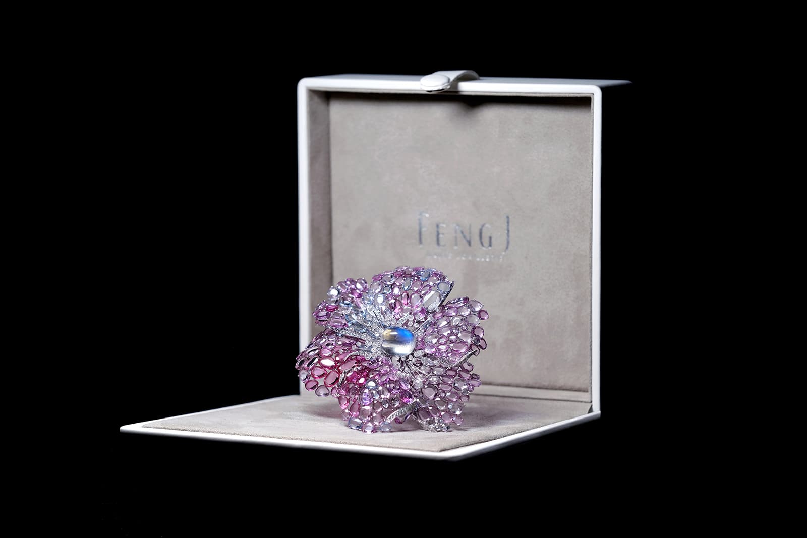 Feng J. Icy Pink Dahlia brooch with 16.28ct moonstone, double rose-cut pink sapphires, blue sapphires and diamonds in white gold