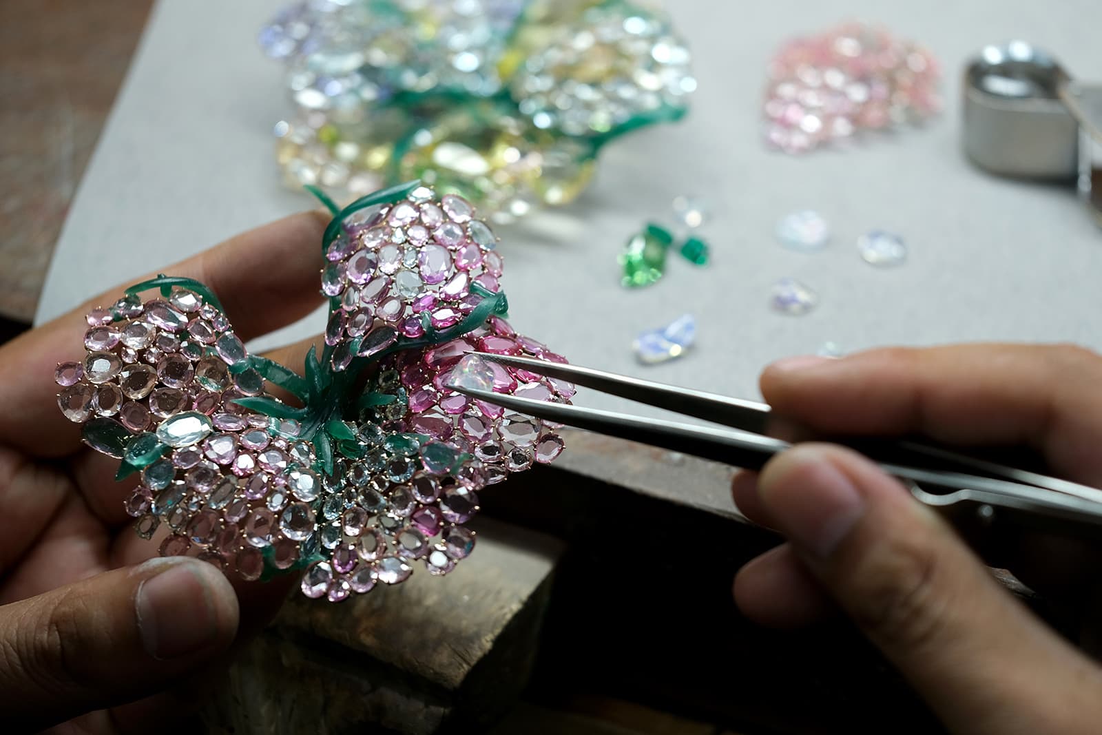  Feng J. Icy Pink Dahlia brooch in production