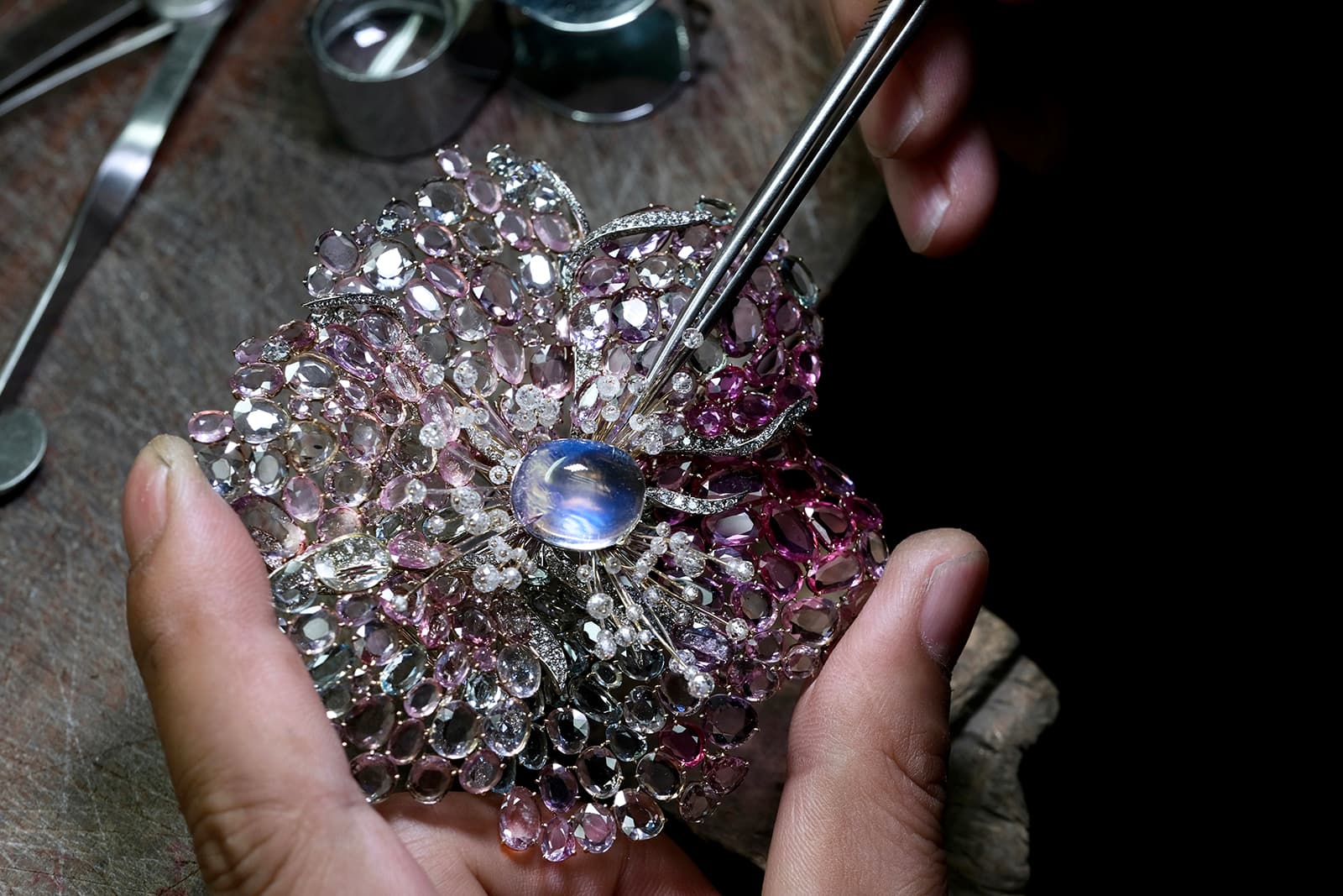  Feng J. Icy Pink Dahlia brooch in production 