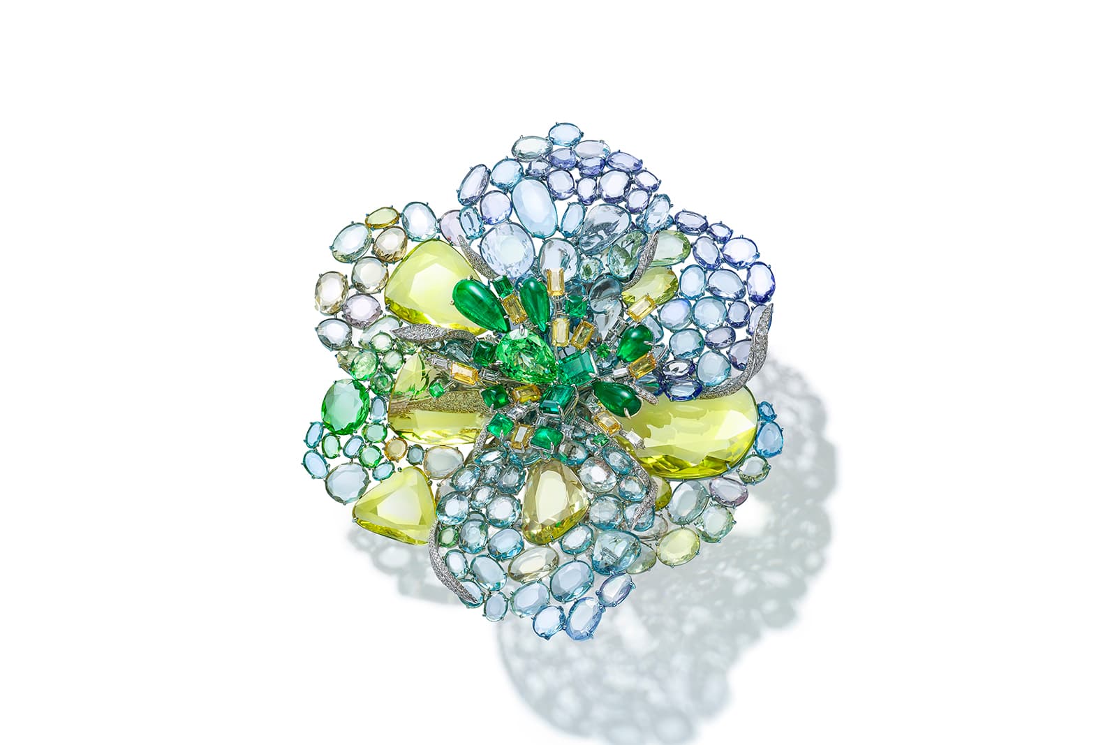  Feng J. Icy Green Dahlia brooch with Colombian emeralds, double rose-cut purple and yellow sapphires, tanzanites, tsavorites, and diamonds in white gold