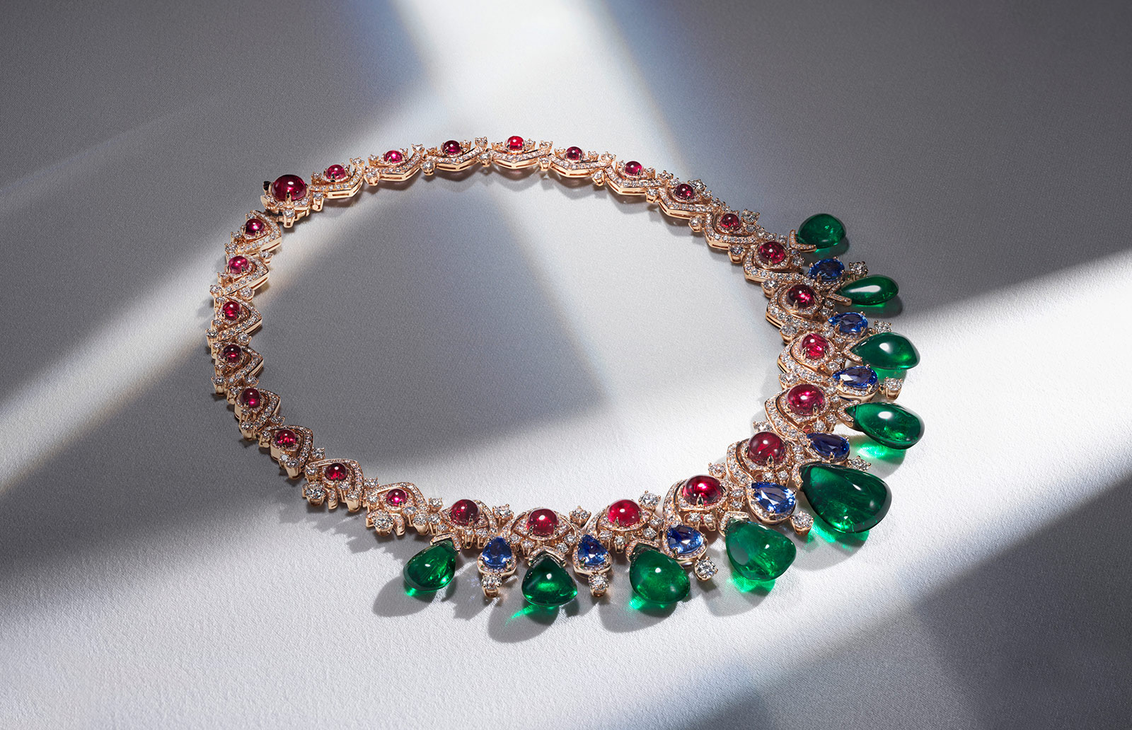 Bvlgari Cinemagia collection necklace with 104ct emeralds, sapphires, diamonds and spinels in rose gold