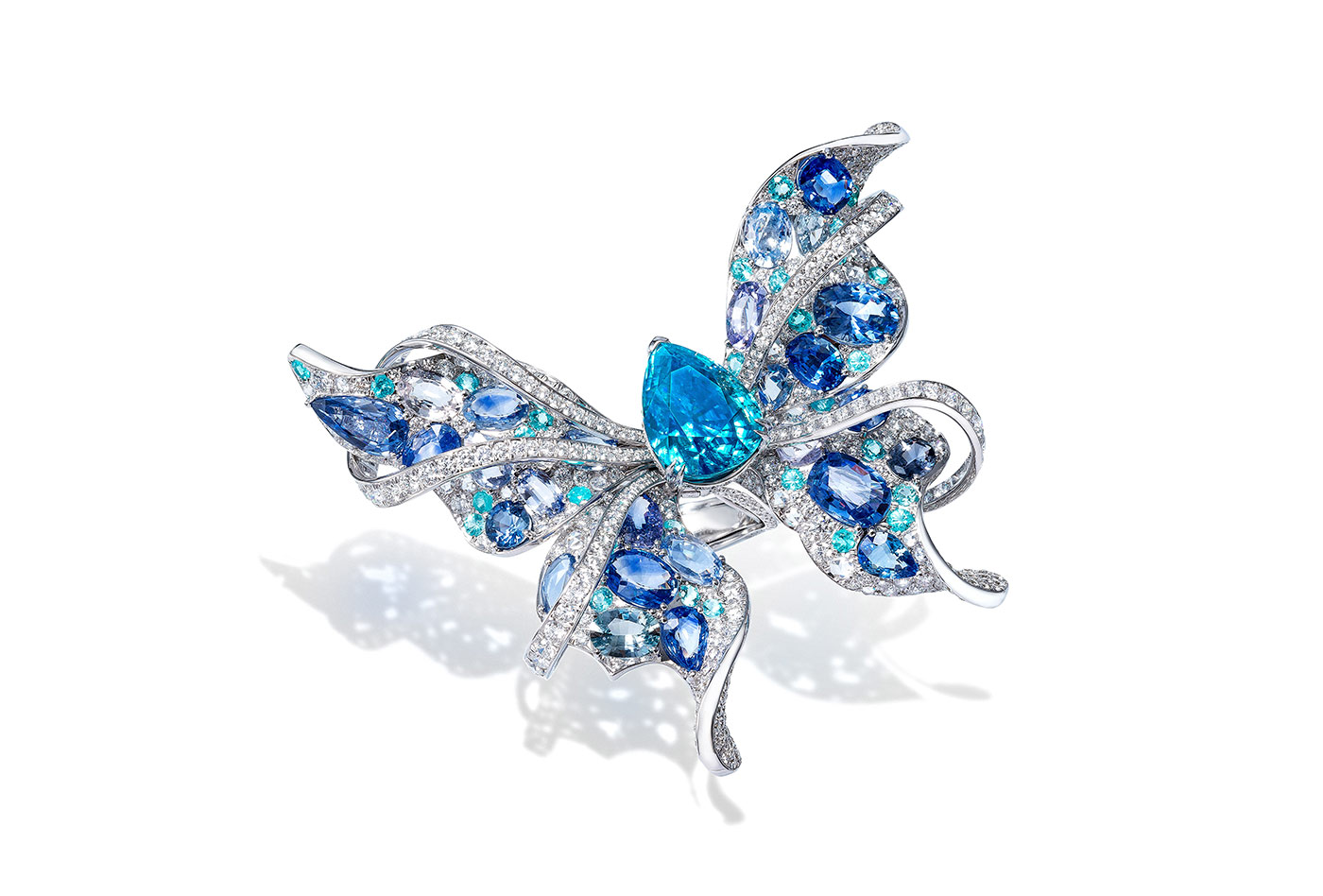  Anna Hu Le Papillon ring with zircon, Paraiba tourmaline, sapphires and diamonds in platinum