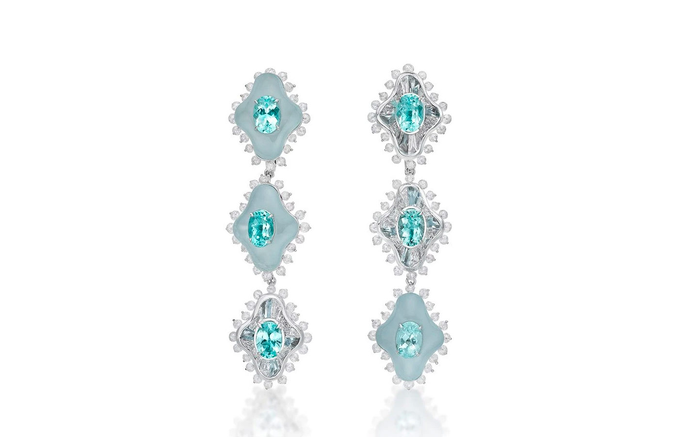  Sarah Ho earrings with Mozambique paraiba-like tourmaline, aquamarine and diamonds in white gold
