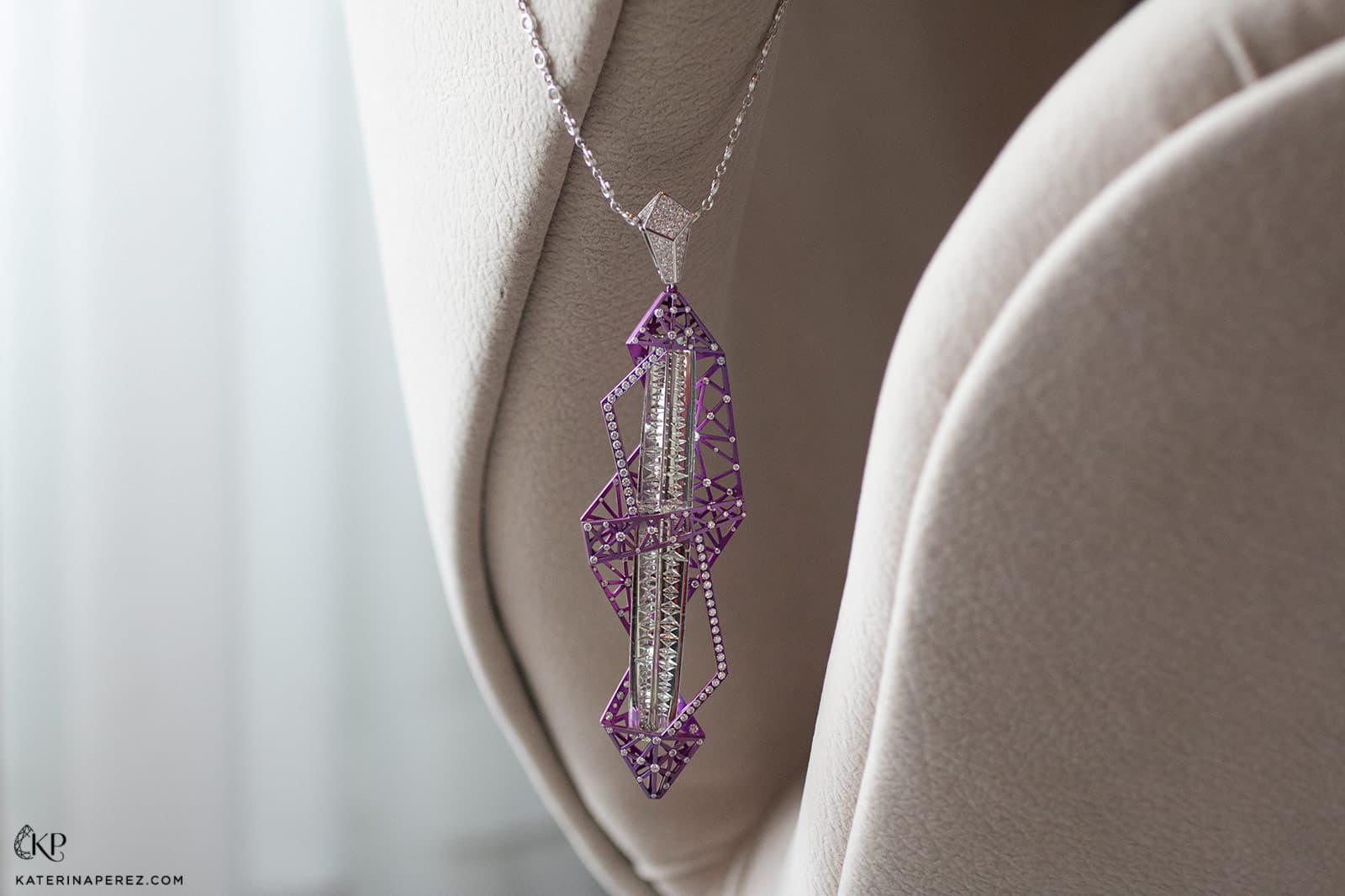 VMAR Constellation pendant with 38.50ct green beryl cut by Atelier Munsteiner and 3.20ct of accenting diamonds in titanium and a white gold chain
