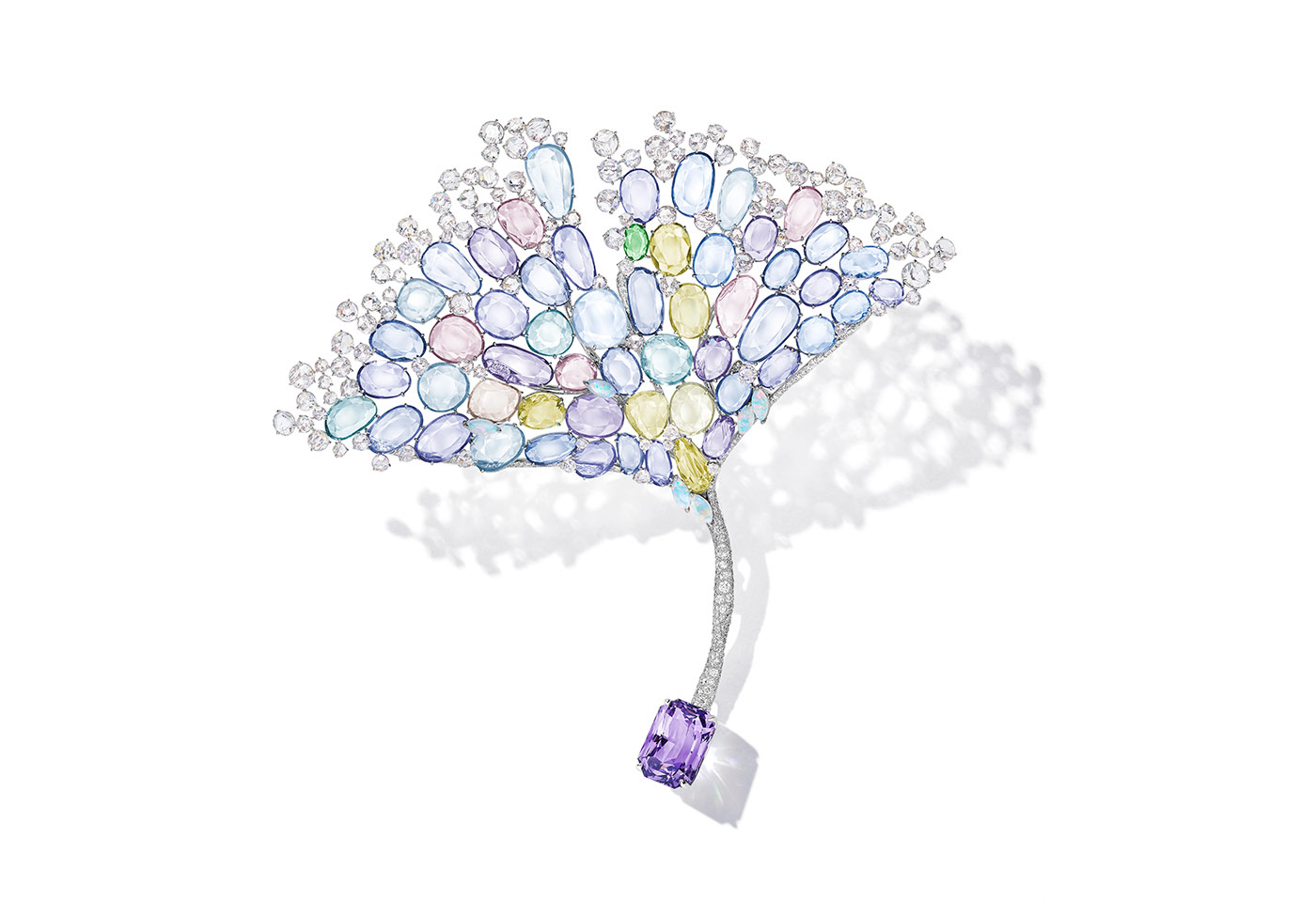  Feng J. Coloured Ginko Leaf brooch with 9.89ct purple spinel, coloured sapphire and tanzanites, opals, diamonds in white gold