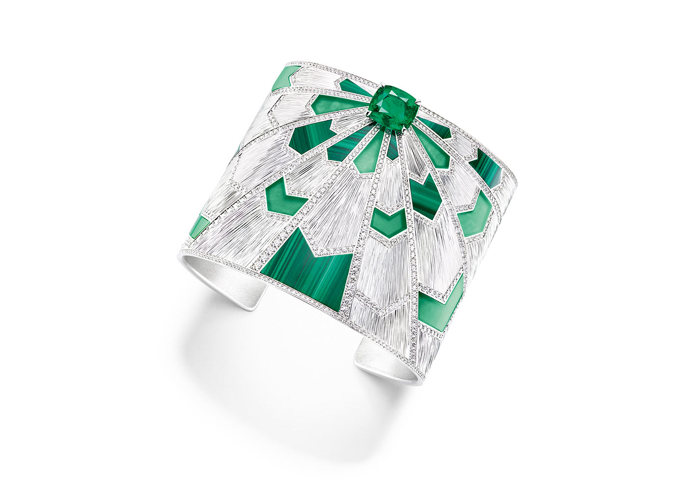  Piaget Sunlight Journey cuff bracelet with malachite, emerald and diamonds in white gold