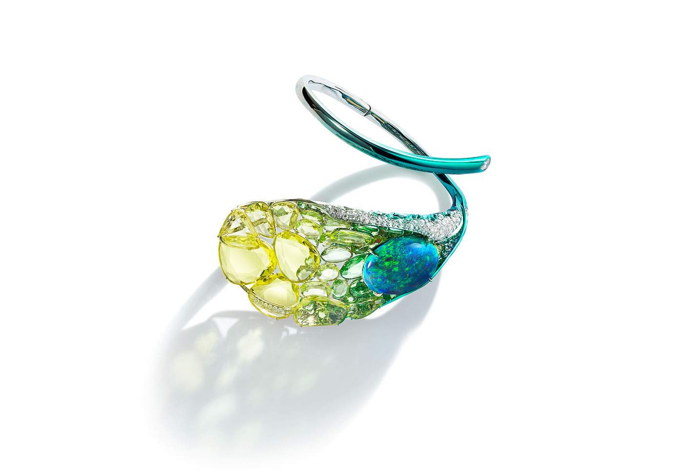 Feng J. Calla Lily bangle with 20.95ct black opal, double rose-cut yellow sapphires and tsavorites, emeralds and diamonds in electroplated gold