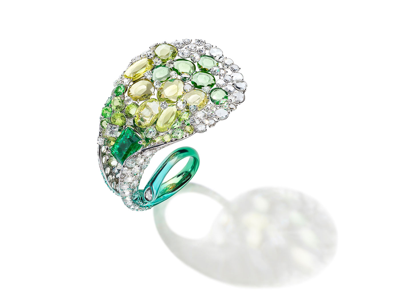  Feng J. Calla Lily ring with Colombian emerald, double rose-cut yellow sapphires, tsavorites and diamonds in electroplated gold