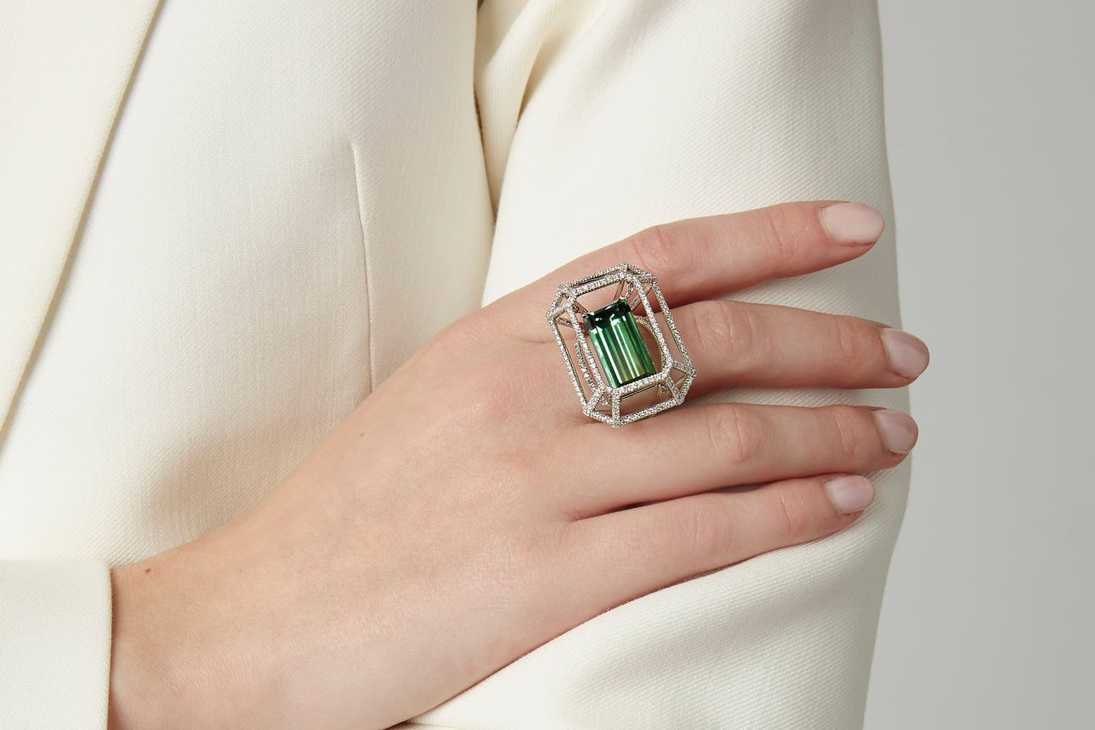 Fabio Salini Cage ring with emerald and diamonds
