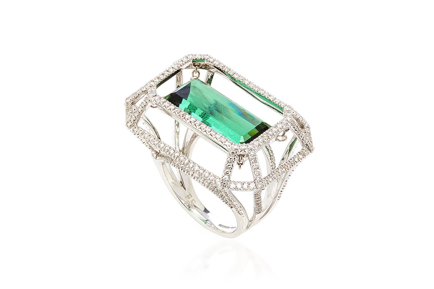  Fabio Salini Cage ring with emerald and diamonds