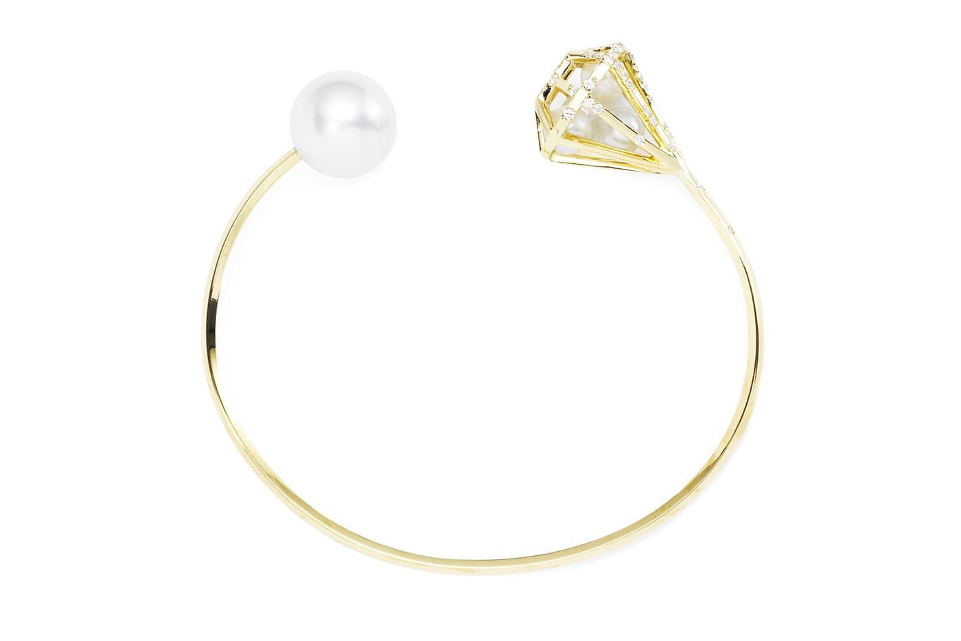  Melanie Georgacopoulos Caged bracelet with South Sea and freshwater pearls and diamonds in yellow gold