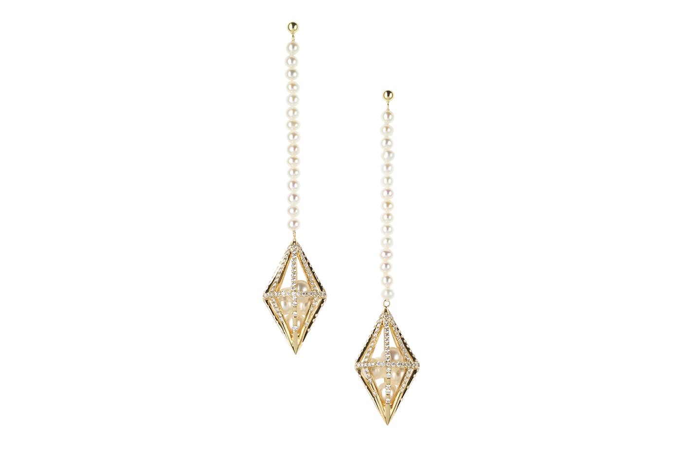  Melanie Georgacopoulos Caged earrings with freshwater pearls and diamonds in yellow gold
