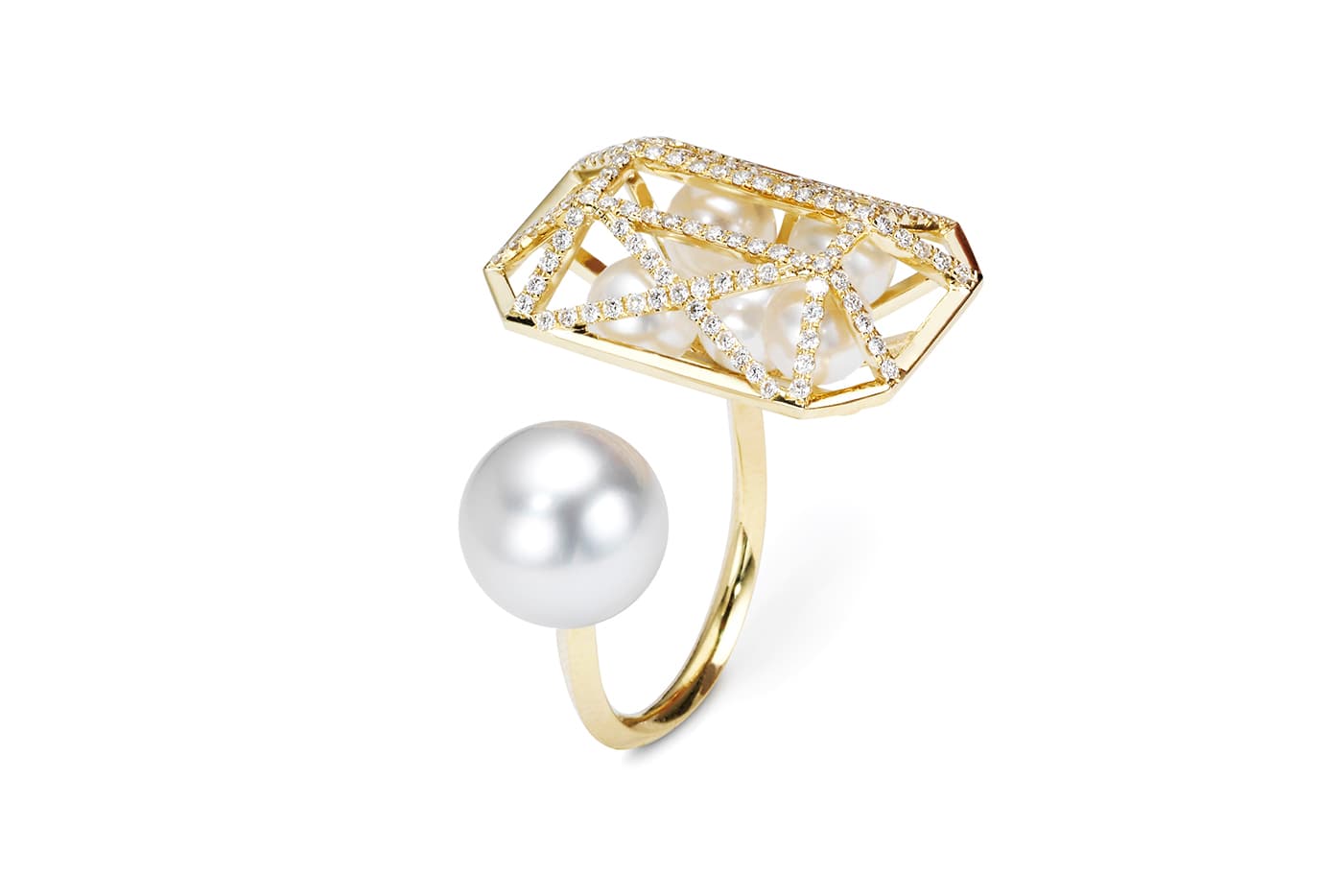  Melanie Georgacopoulos Caged ring with South Sea and freshwater pearls and diamonds in yellow gold