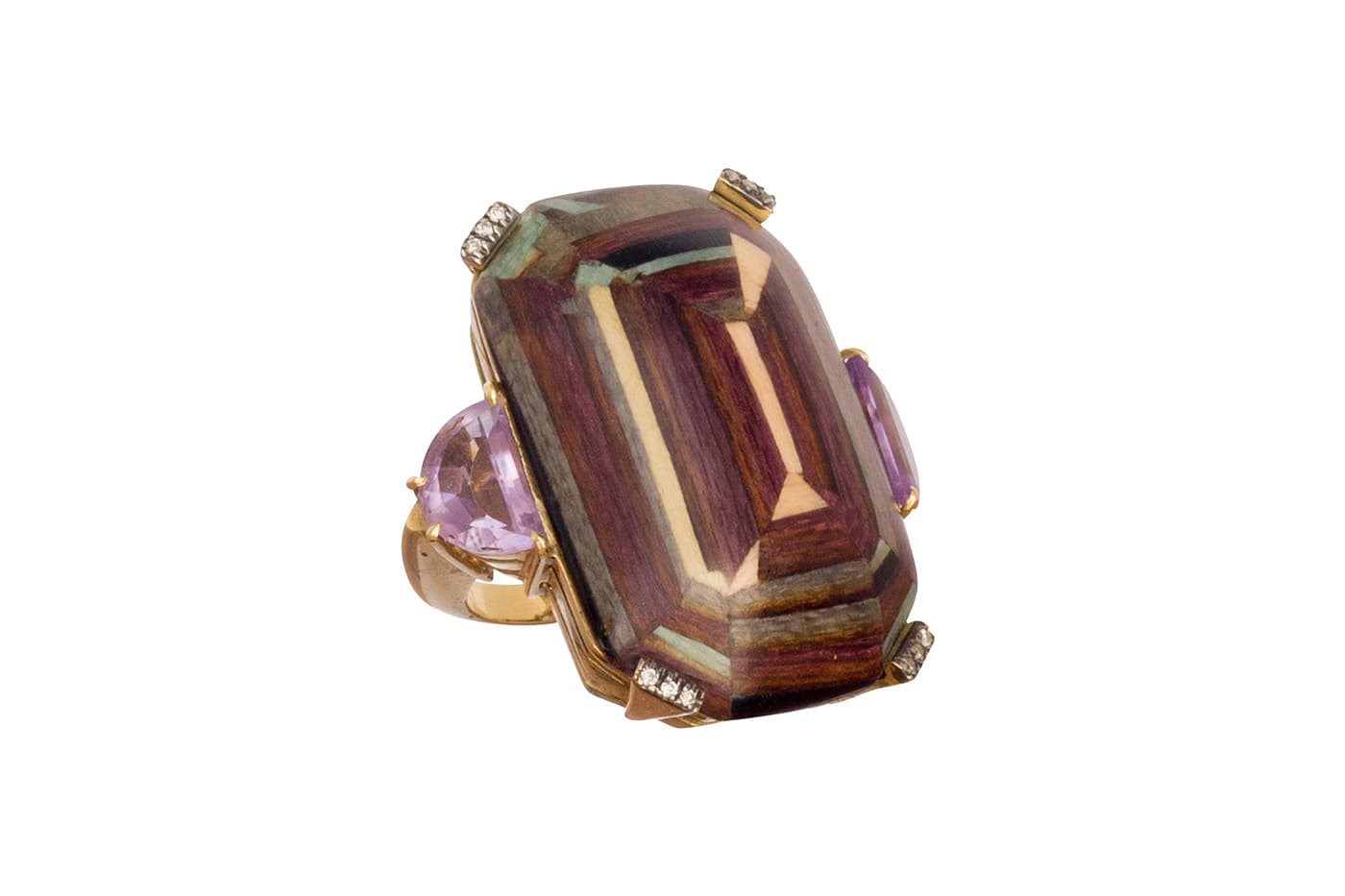  Silvia Furmanovich ring with wooden marquetry, diamonds and  kunzite in yellow gold