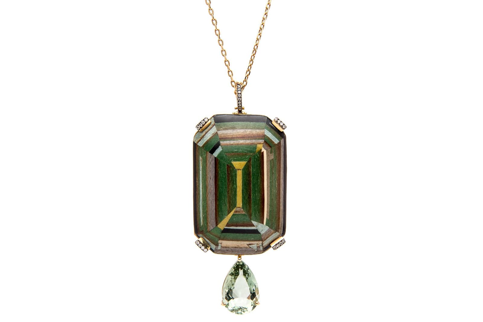  Silvia Furmanovich pendant with wooden marquetry, diamonds and quartz in white gold
