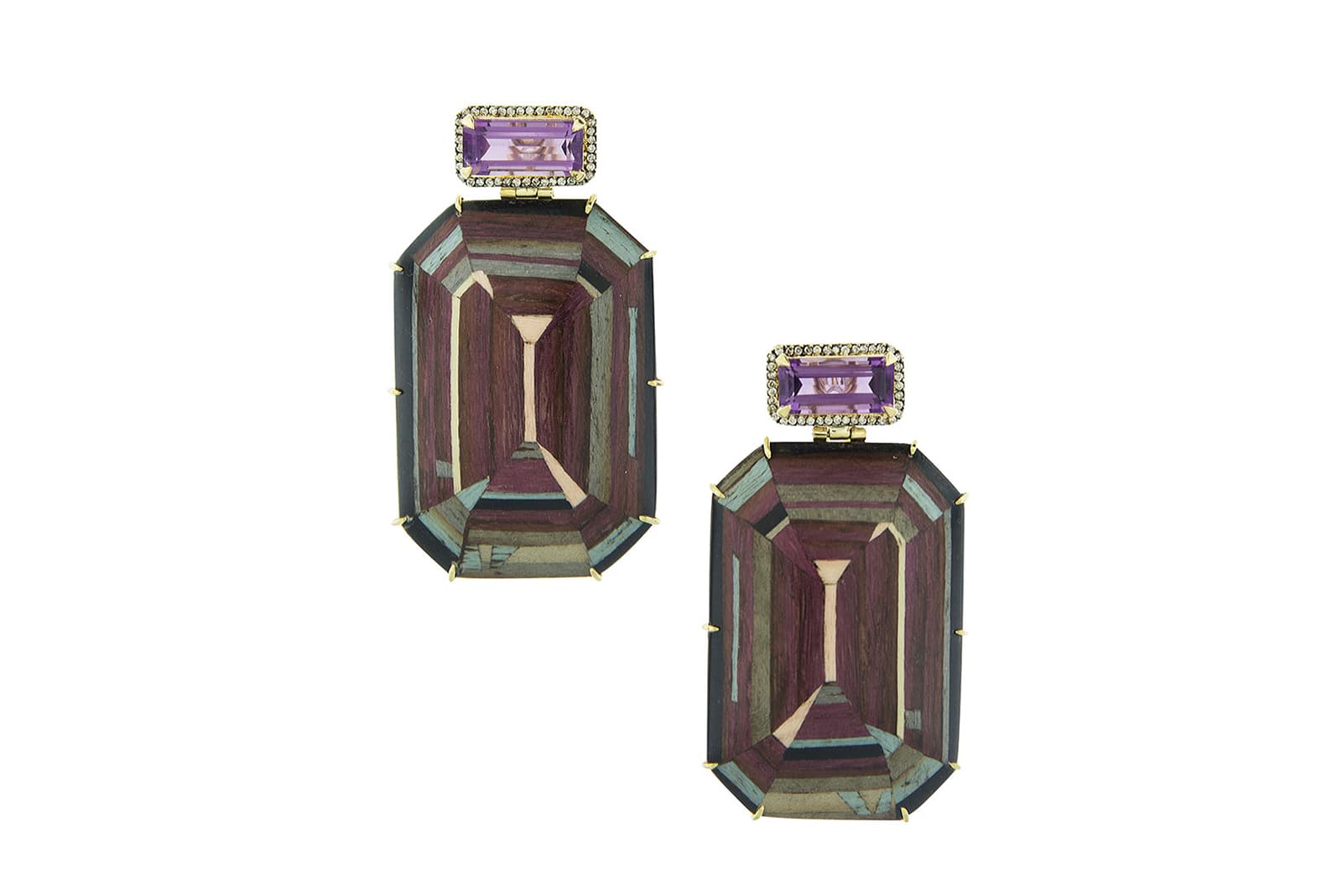  Silvia Furmanovich earrings with wooden marquetry, diamonds and amethyst in yellow gold