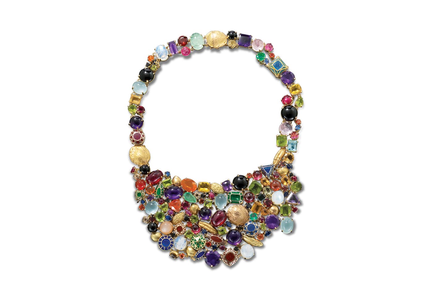  Solange Azagury-Partridge Stoned bib necklace with bib necklace encrusted with amethyst, tourmaline, fire opal, sapphire, emerald, ruby, moonstone, aquamarine, yellow beryl, citrine, peridot, onyx, quartz and plique-à-jour enamel in yellow gold 
