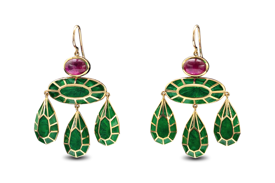  Solange Azagury-Partridge Stoned collection girandole earrings with emerald green plique-à-jour set with oval cabochon rubies in yellow gold